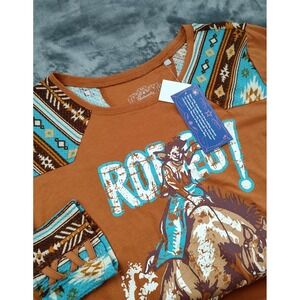 Panhandle Womens Rodeo Graphic Long Sleeve Shirt Orange Southwestern Print XL
